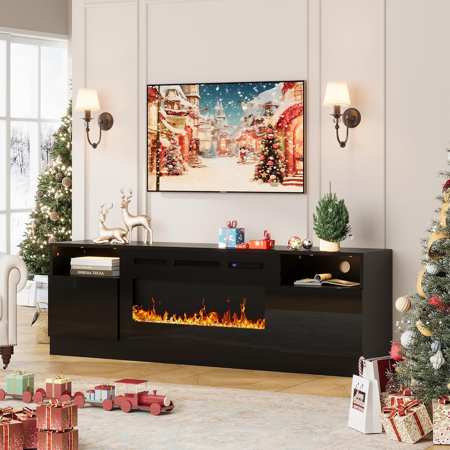 70" Fireplace TV Stand for 80 inch TVs with 36" Electric Fireplace