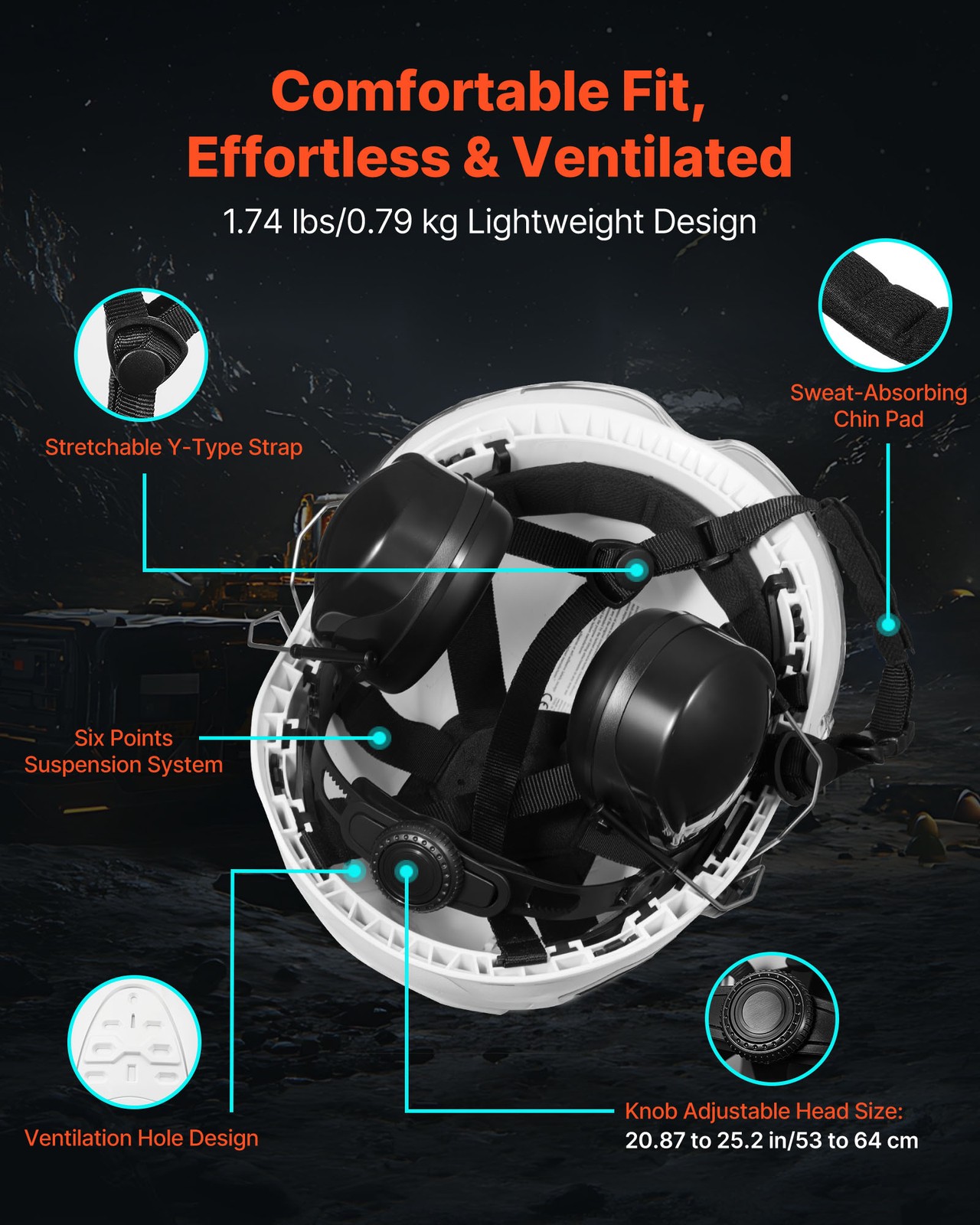 VEVOR Industrial Safety Helmet with Visor and Earmuffs Adjustable Vented Hardhat
