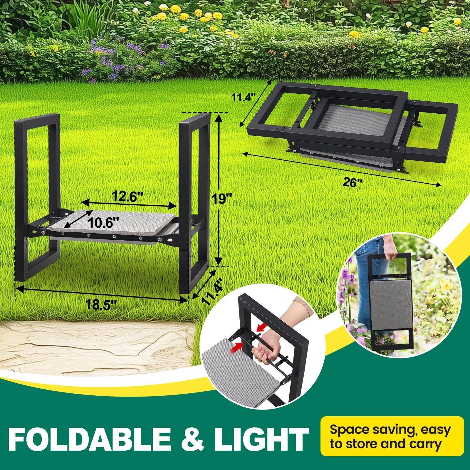 Garden Kneeler and Seat - Heavy Duty Folding Garden Stool with Handles, Stabl...