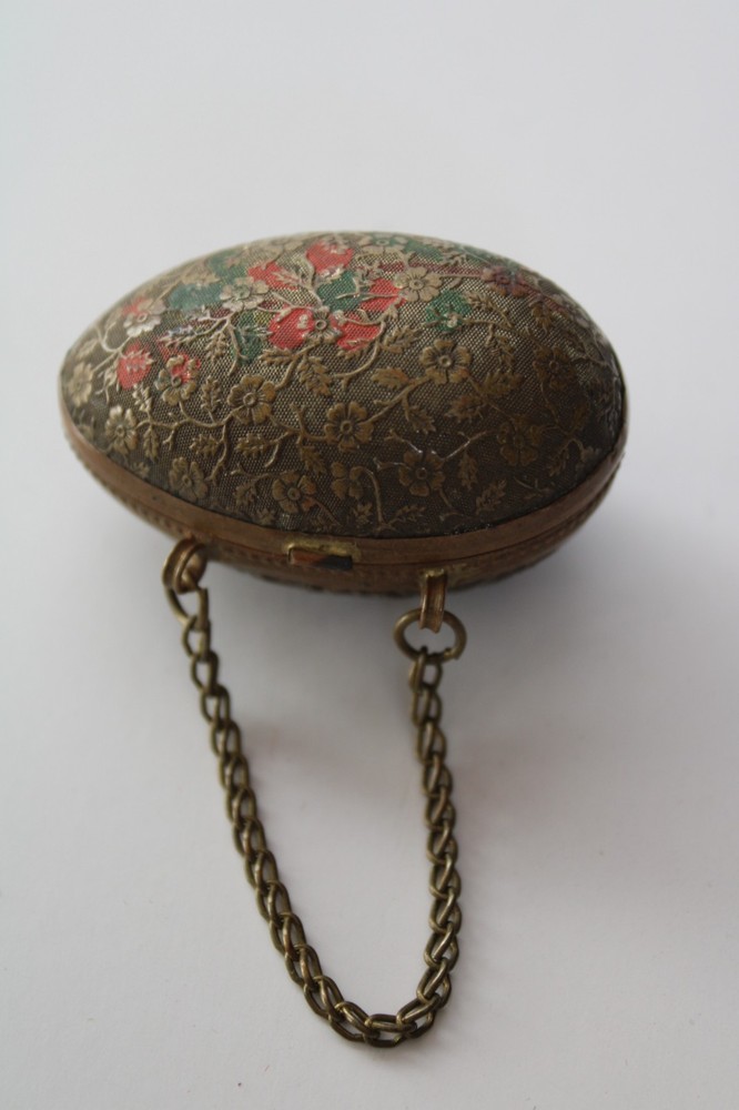 Antique 19th Century Painted Brass Egg Chatelaine Thimble Case w/  (2) Thimbles