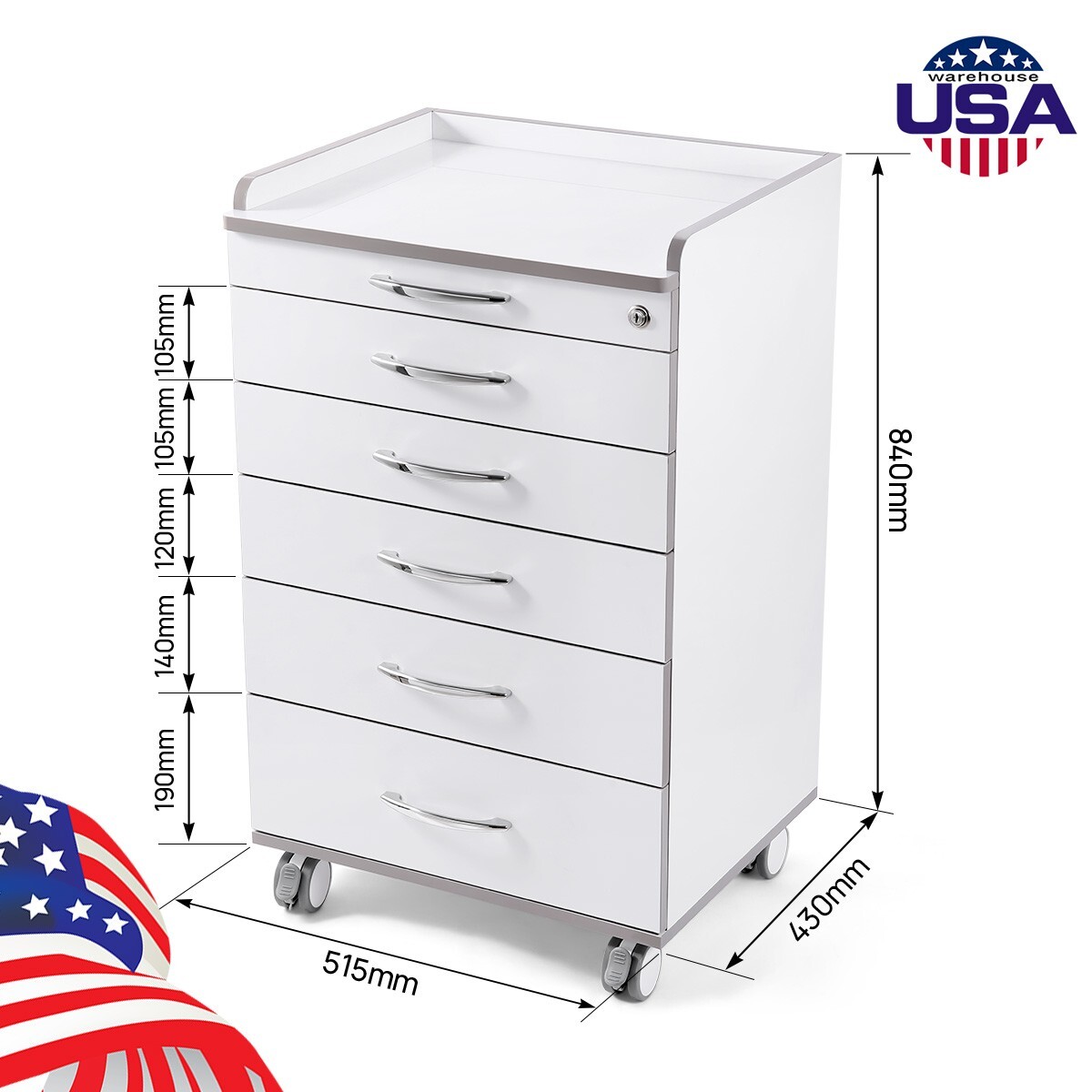 Dental Mobile Medical Cart Cabinet 5 Drawers Instrument Stand Lab Overbed Table