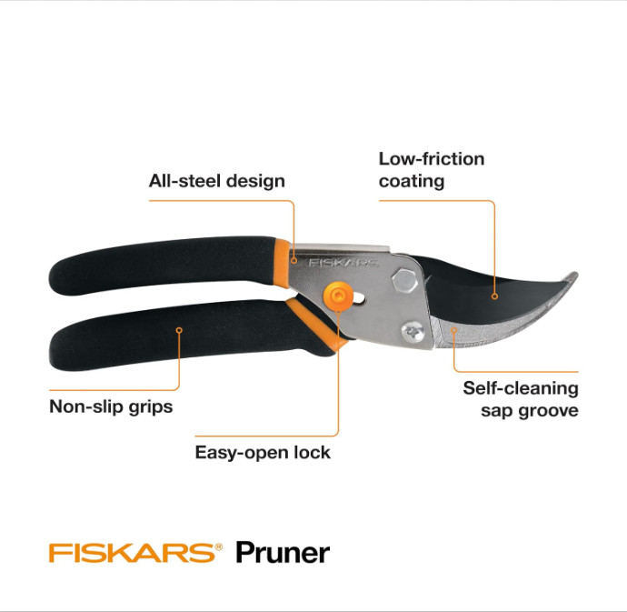 Fiskars Bypass Pruning Shears – 5/8" Cut, Sharp Rust-Resistant Steel Blade