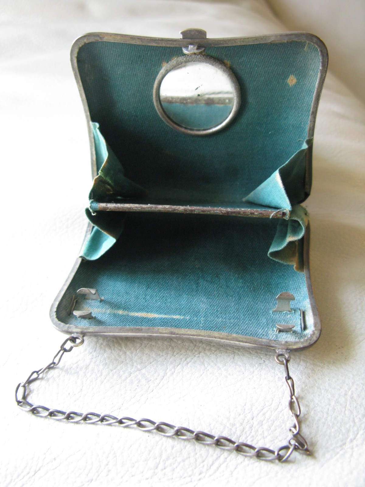 Antique Art Nouveau Silver Floral Card Case Mirror Lipstick Holder Purse Wallet