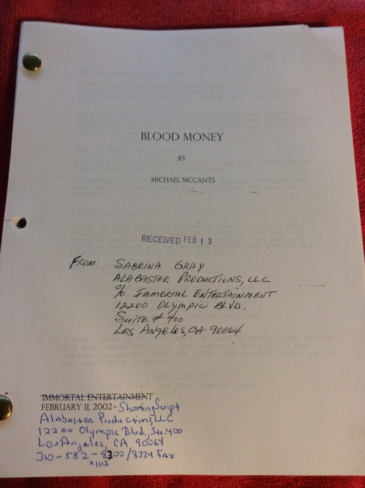 ORIGINAL SCRIPT SHOOTING SCHEDULE BLOOD MONEY MICHAEL MCCANTS