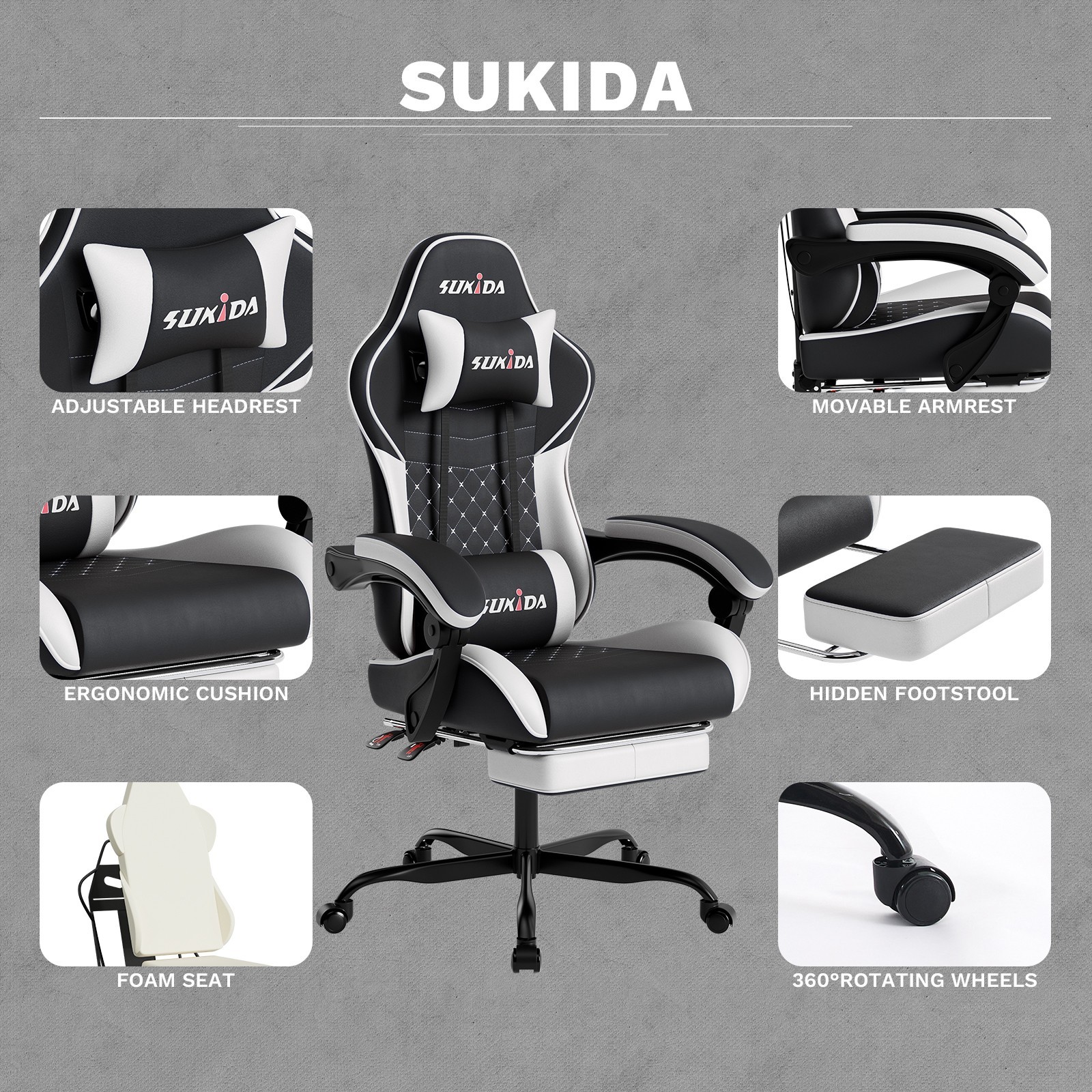 Gaming Chair PVC Leather Featuring High-Back Massage Function and Footrest