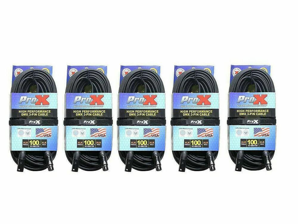 5 Pack 3 Pin DMX stage Lighting Light 100' ft  Cables By PROX