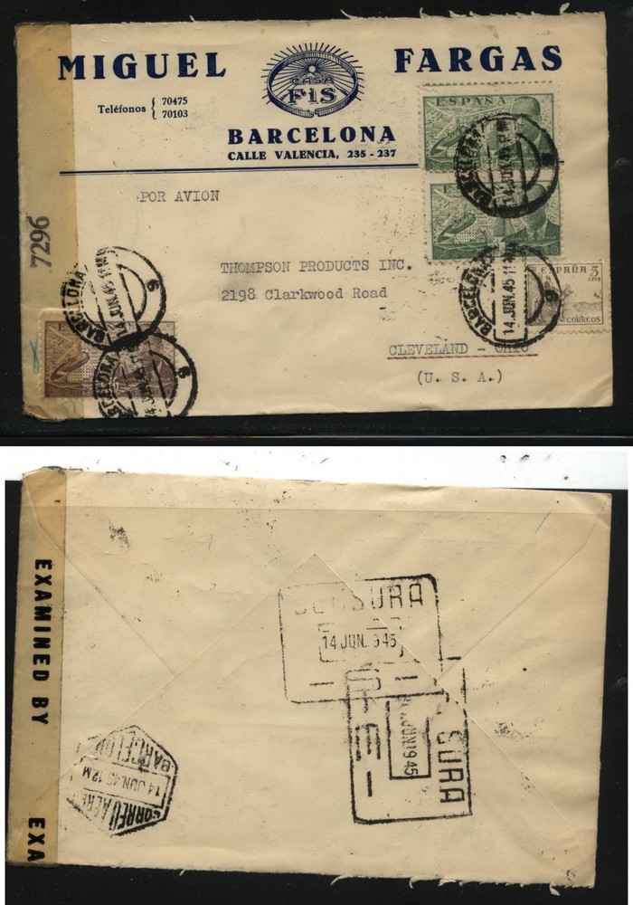 Spain  large  double  censor cover  to   US  1945    MS0708