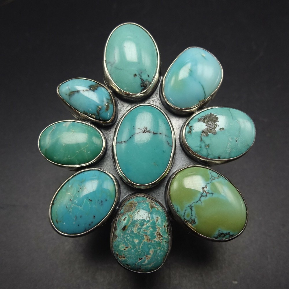 Huge FEDERICO JIMENEZ Sterling Silver TURQUOISE Cluster RING size 7 Adjustable