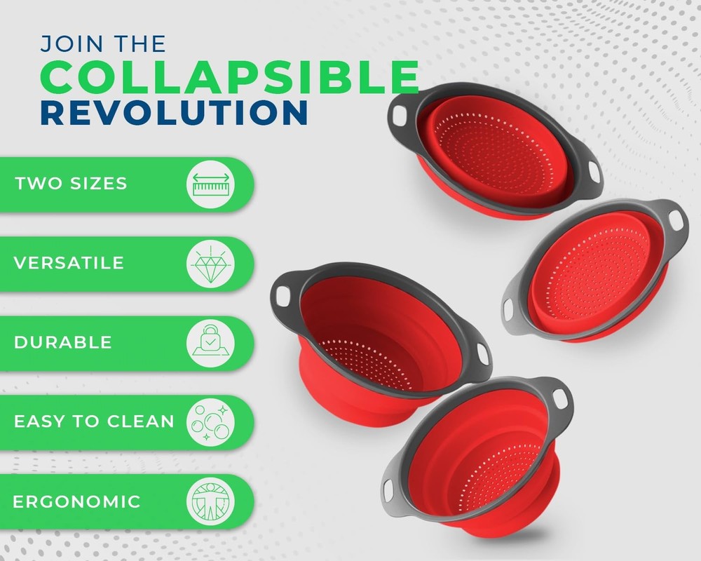 Ultimate Kitchen Strainers Set of 2 - Collapsible Silicone Colanders For Easy...