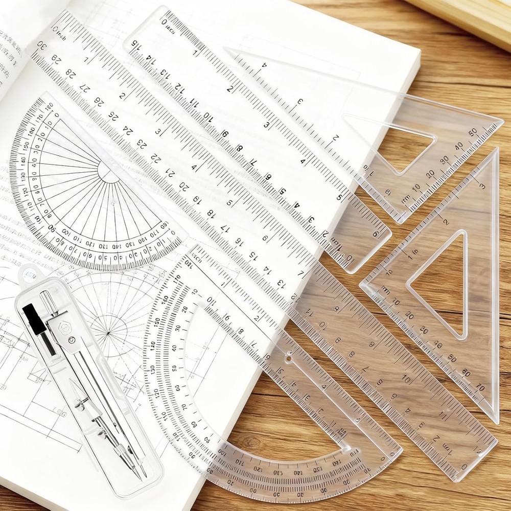 Geometry Set - 7Pcs Geometry Kit with Clear Plastic Ruler 12Inch & 6Inch,