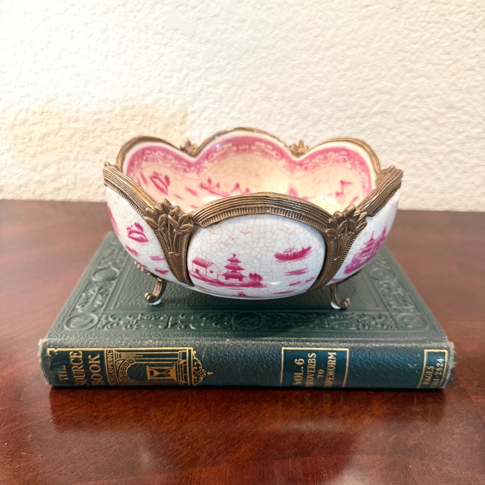 Pink Willow Crackle Porcelain Brass Trimmed Footed Bowl