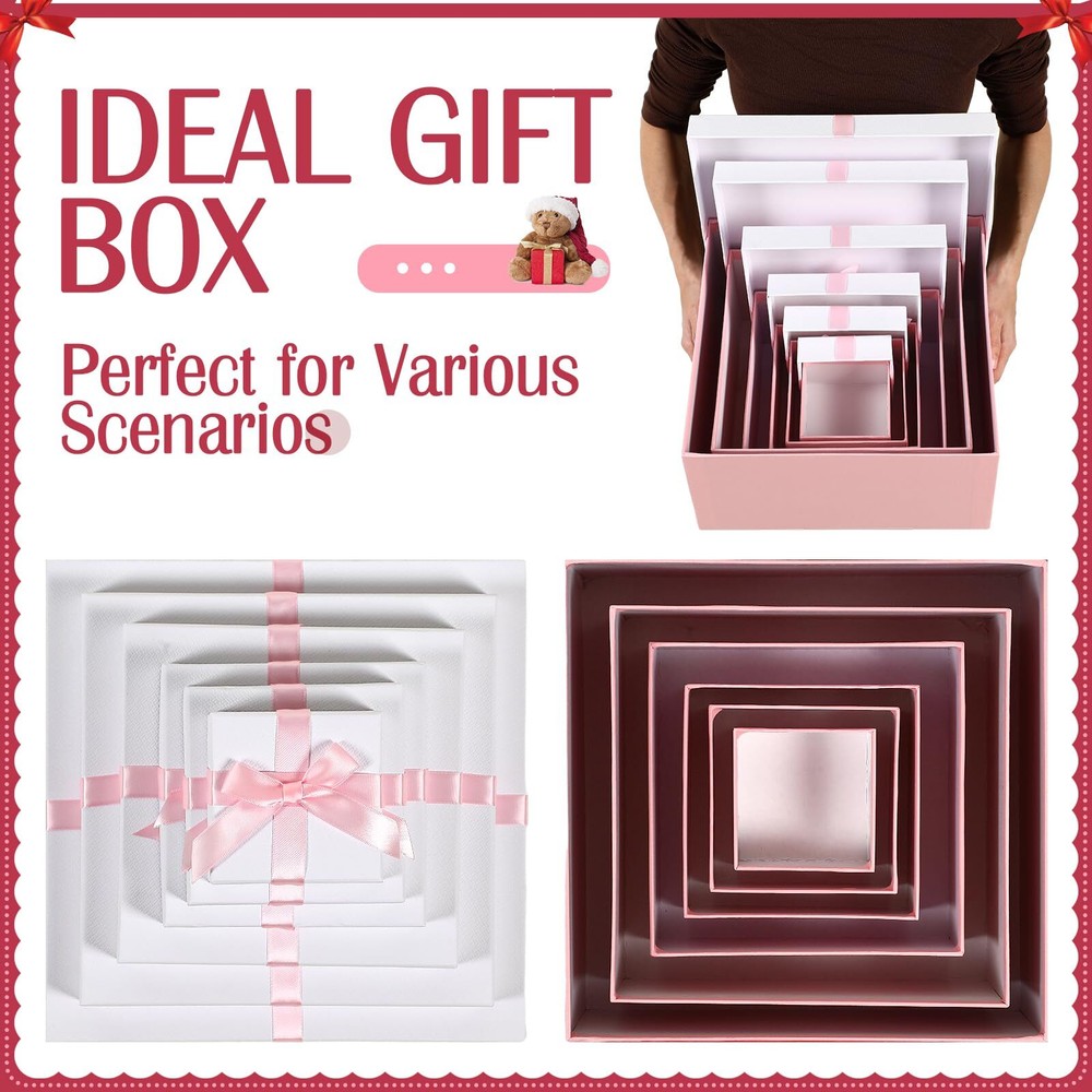 Large Nesting Gift Boxes with Lid Ribbon Square Pink 6 Pack 6 Sizes