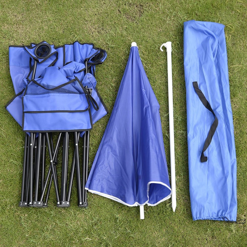 Crazyworld Double Folding Chairs with Removable Umbrella Table Cooler Blue
