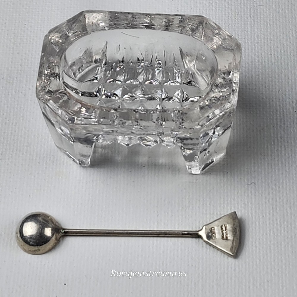 Vintage Open Footed Crystal Salt Cellar (Rectangular) with 925 Silver Spoon