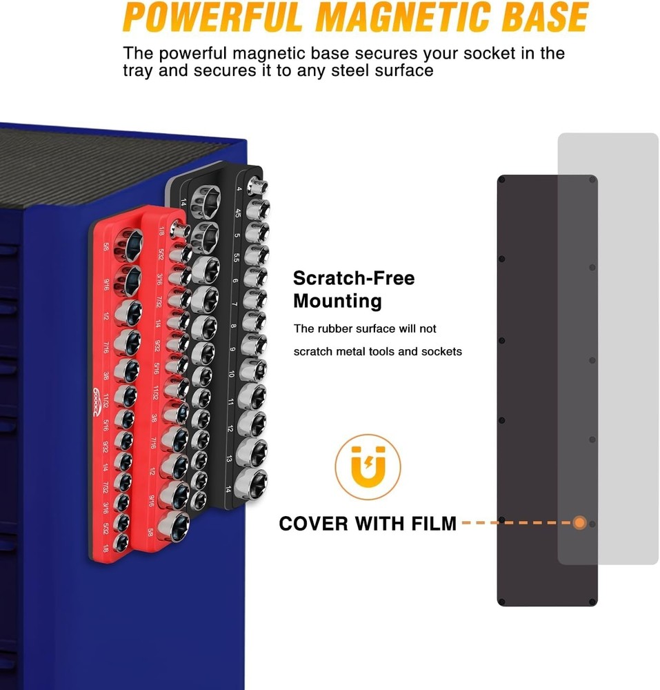 1/4" Magnetic Socket Organizer, 2 Pieces Socket Holder Metric SAE Socket Tray...