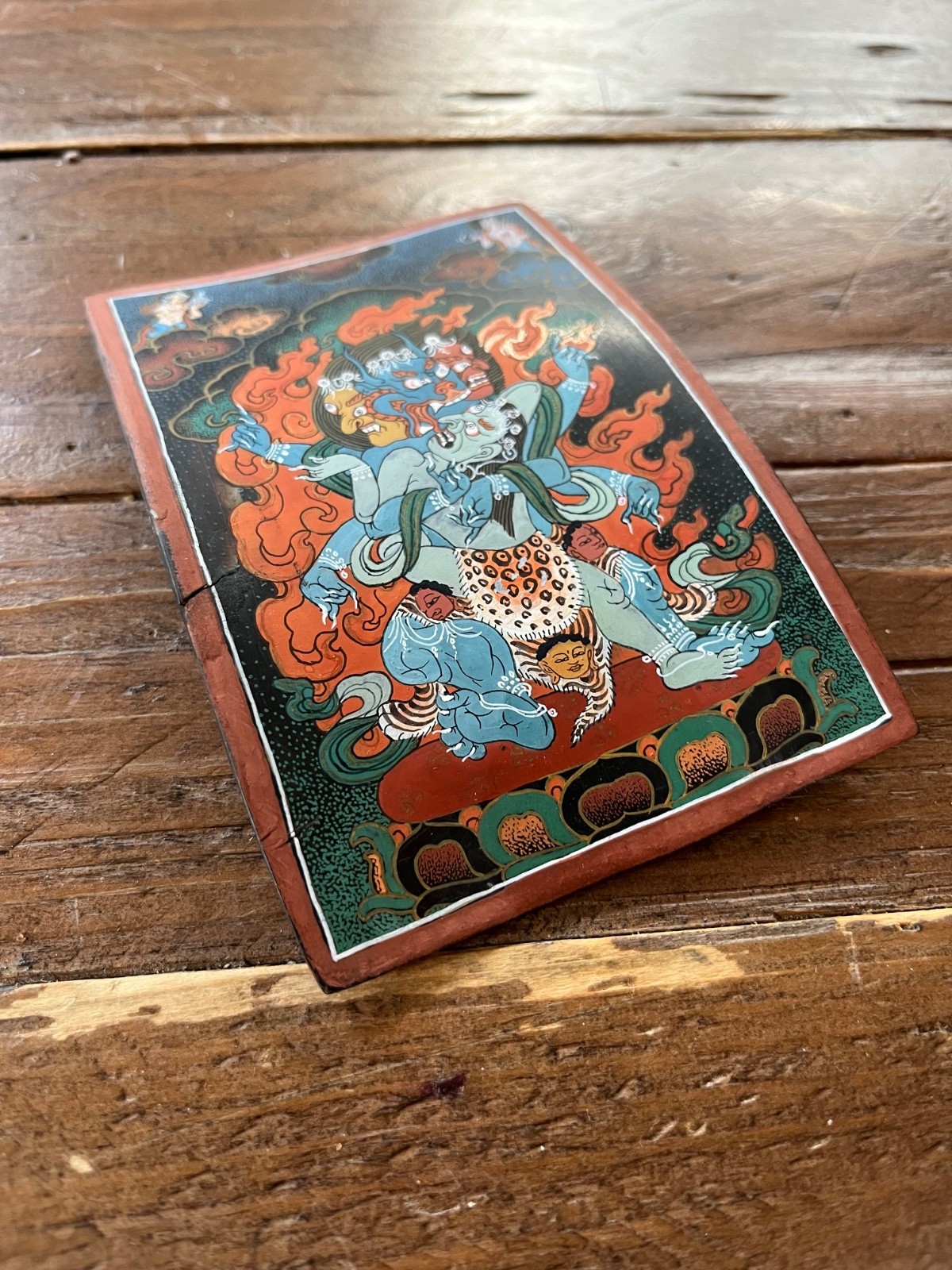 Tibetan Thangka Painted on Horn Yamantaka in Father-Mother Union