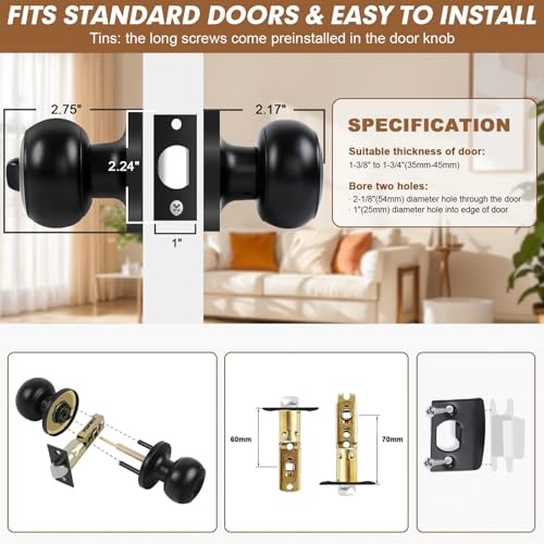 Privacy Door Knobs Matte Black Door Knobs with Lock, Bed and Bath Door 4 Pack