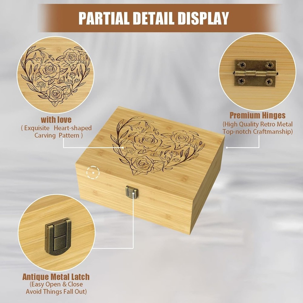 Wooden Keepsake Memory Box for Precious Items, Decorative Bamboo Boxes with H...