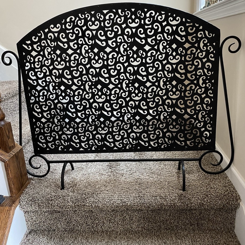 Gothic Arched Black Rustic Pierced Metal Single Panel Fireplace Screen