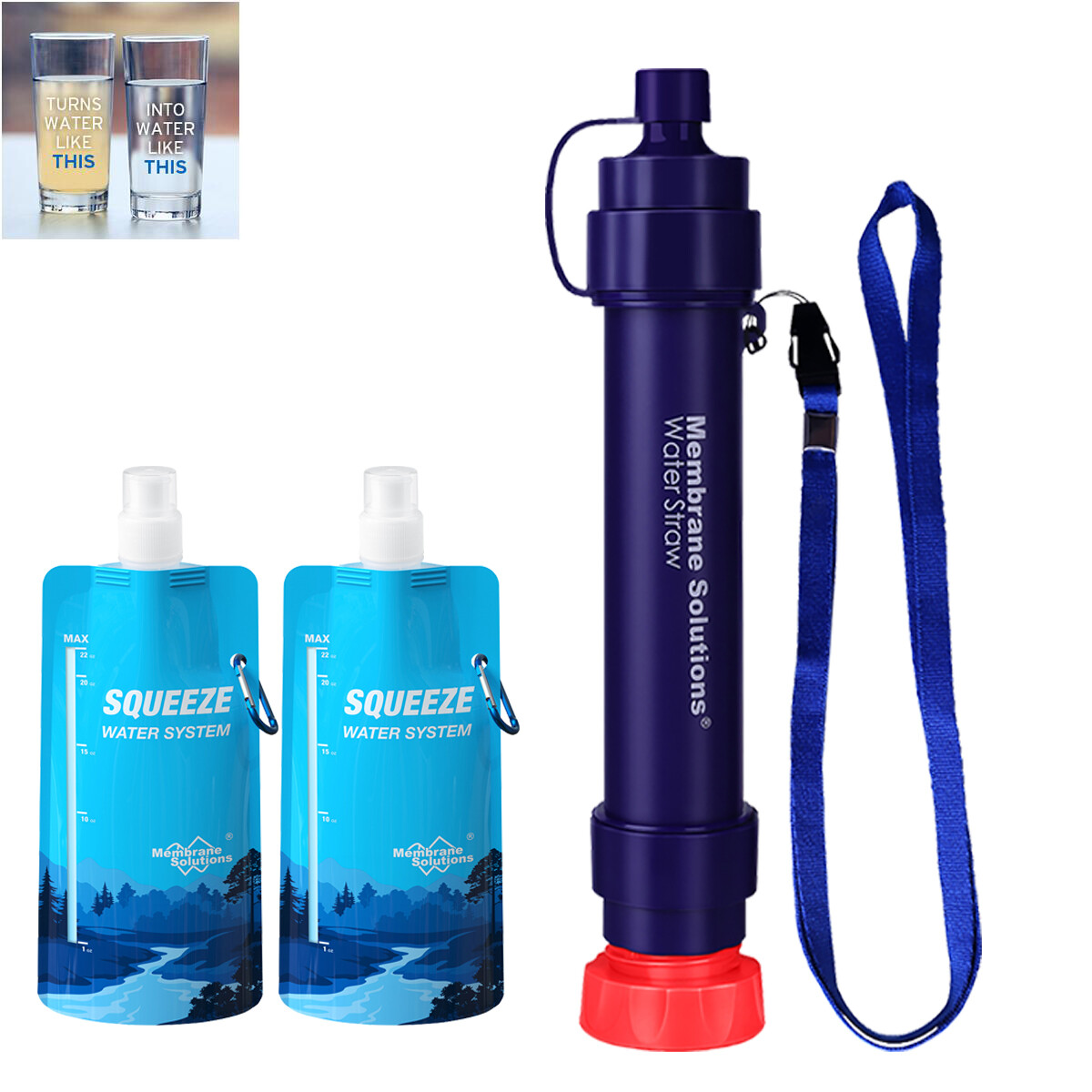 Personal Water Filter Straw|2xCollapsible Water Storage Bags|Portable Filtration