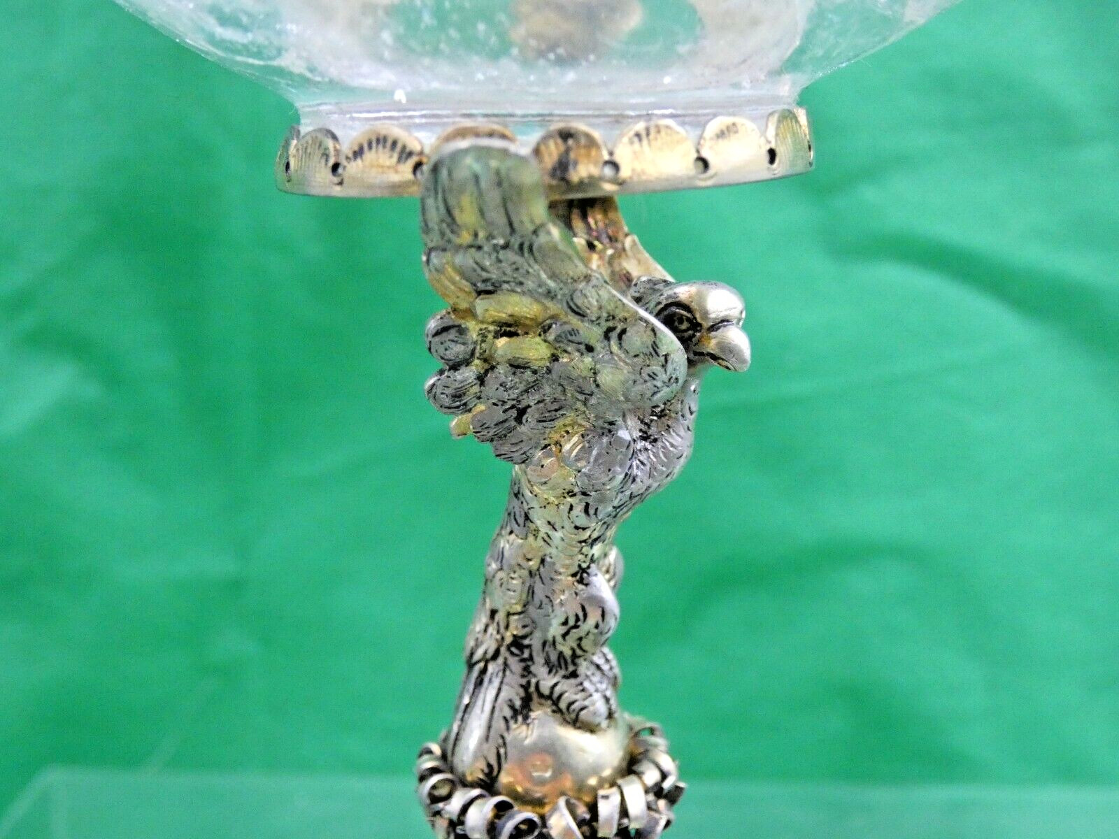 GORGEOUS SILVER - GILT / ROCK CRYSTAL TAZZA ANTIQUE GERMAN FIGURAL EAGLE LIZARD