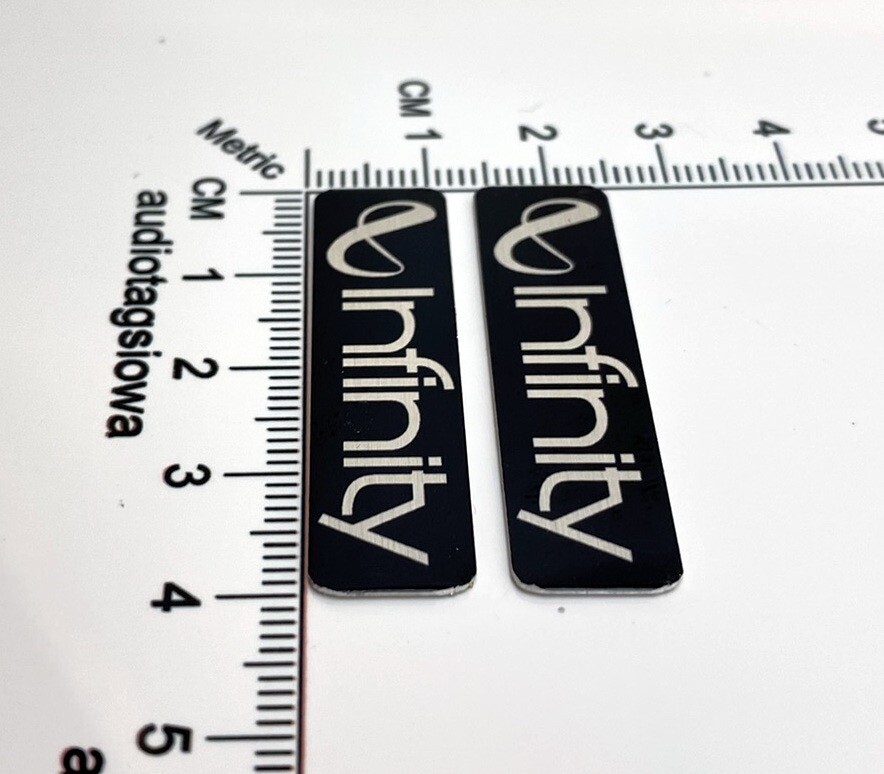 Infinity Reference Speaker Badge Logo Custom Made Satin Silver Pair