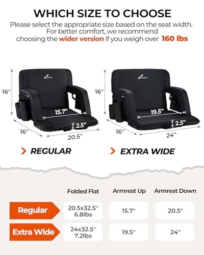 Stadium Seats with Back Support: 2.5'' Thick Regular - 20.5" Black, 2 Pack