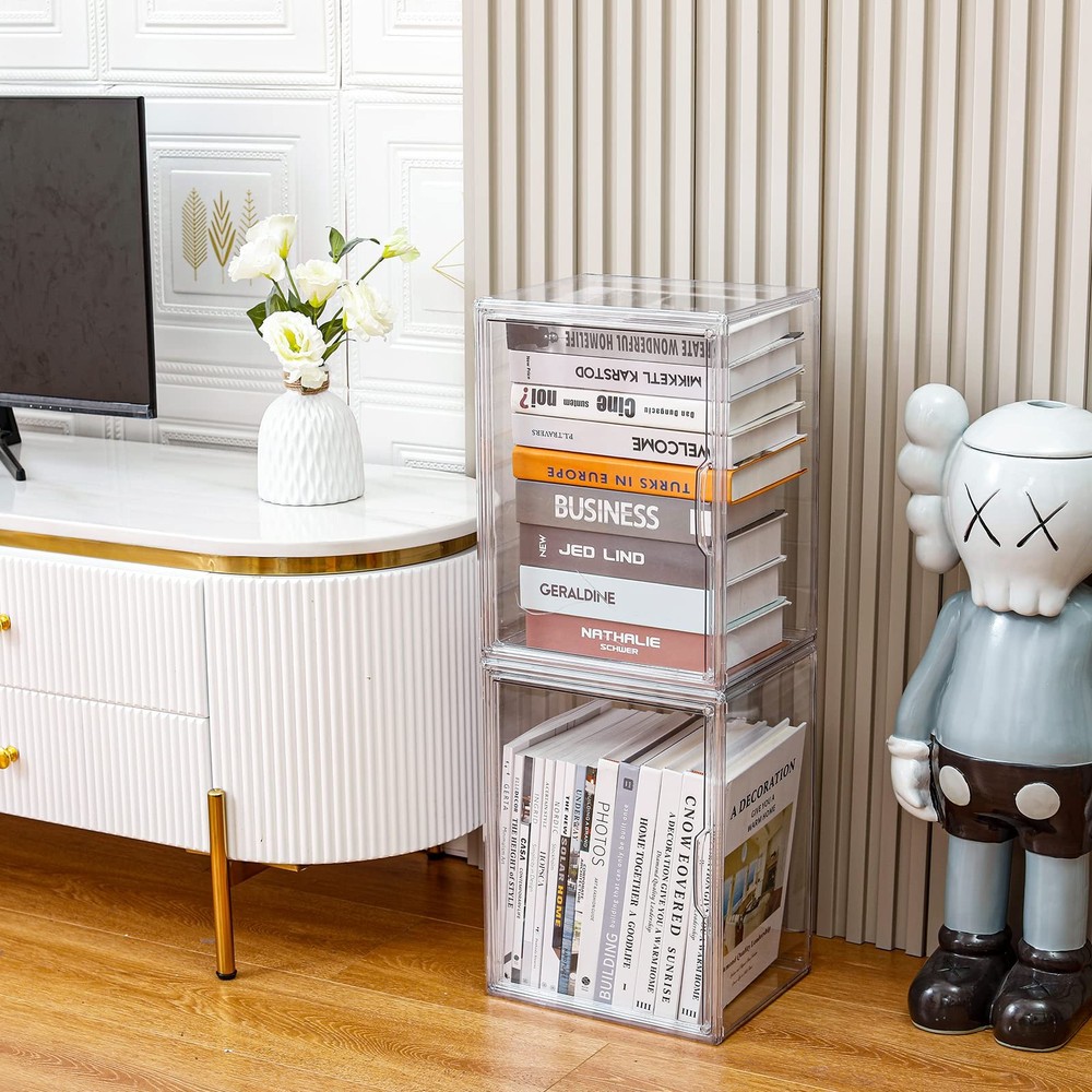 FABROK 2Pcs Clear Stackable Plastic Book Storage Display Organizer Box