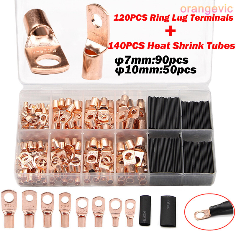 260PC Heavy Duty Wire Lugs Battery Cable Tinned Copper Eyelets SC Ring Terminals