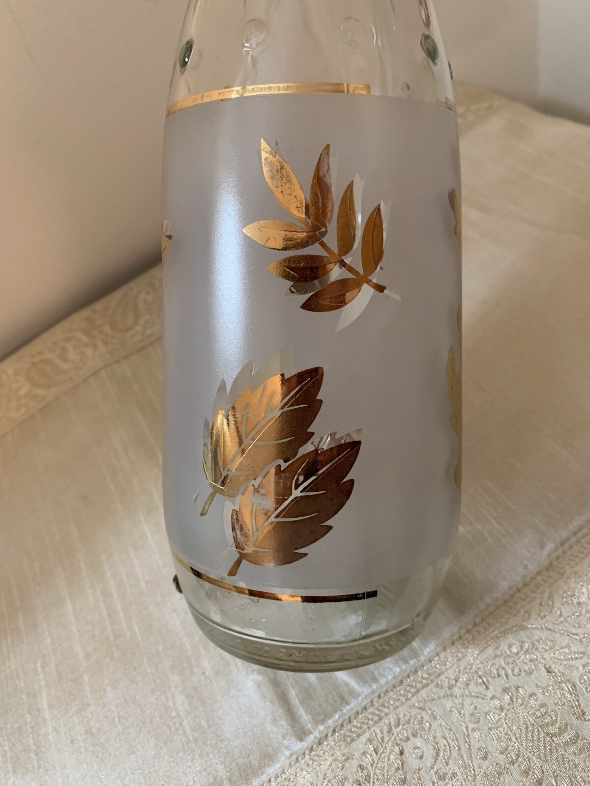 Vintage Libbey Frosted White with Gold Leaves Bottle/Decanter 12” Tall 3” High