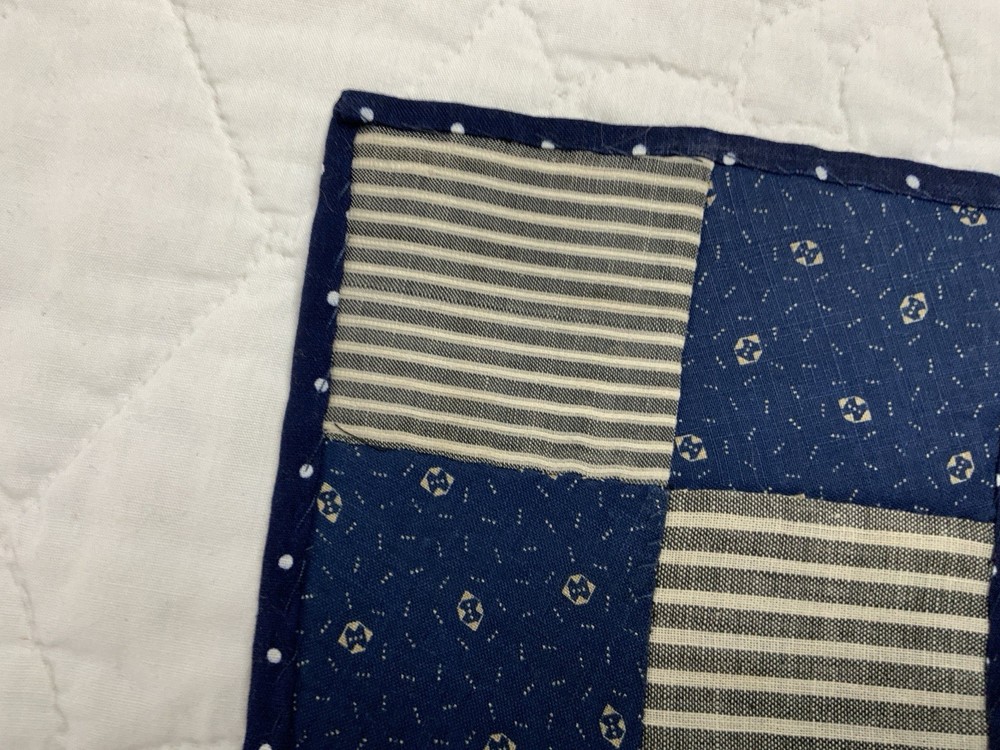 Vintage Patchwork Quilt Table Topper, Early Calicos, Four Patch, Blue, Multi