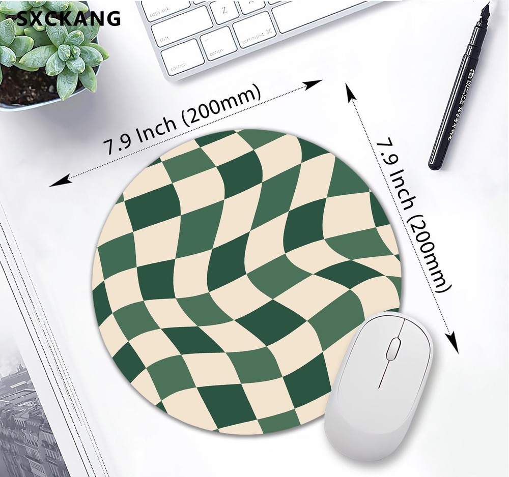 Green Checkered Mouse Pad Small, Abstract Wavy Pattern Mousepad, Cute Aesthet...