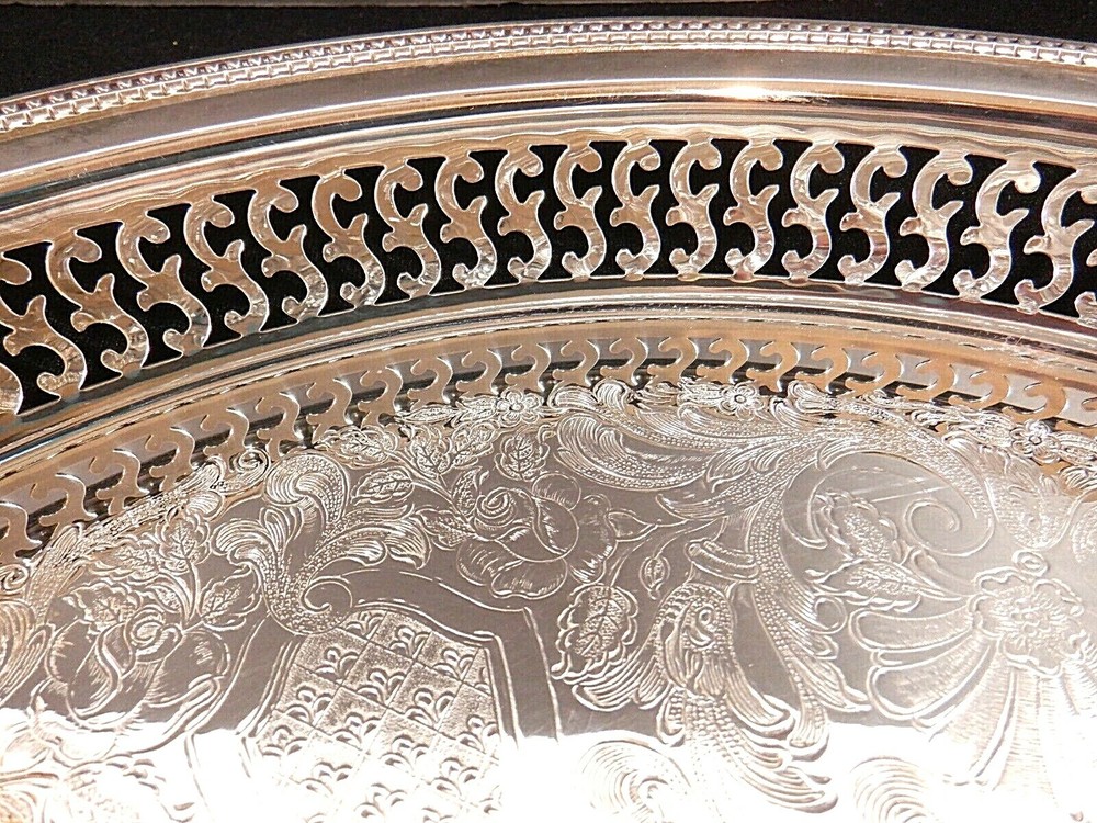Silverplate Oneida USA Tray with Scroll Etching Raised Rim Pierced Design 13"