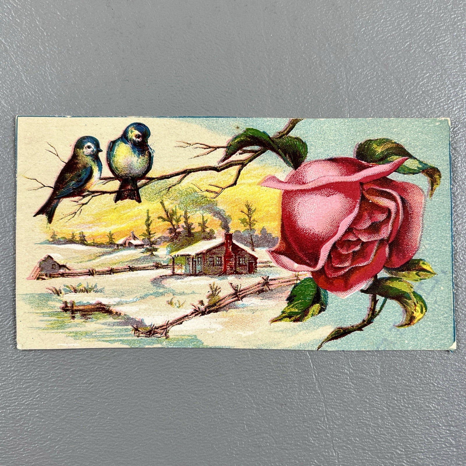 Victorian Trade Card Two Blue Birds Pink Rose Snowy Winger Cottage Chimney Smoke