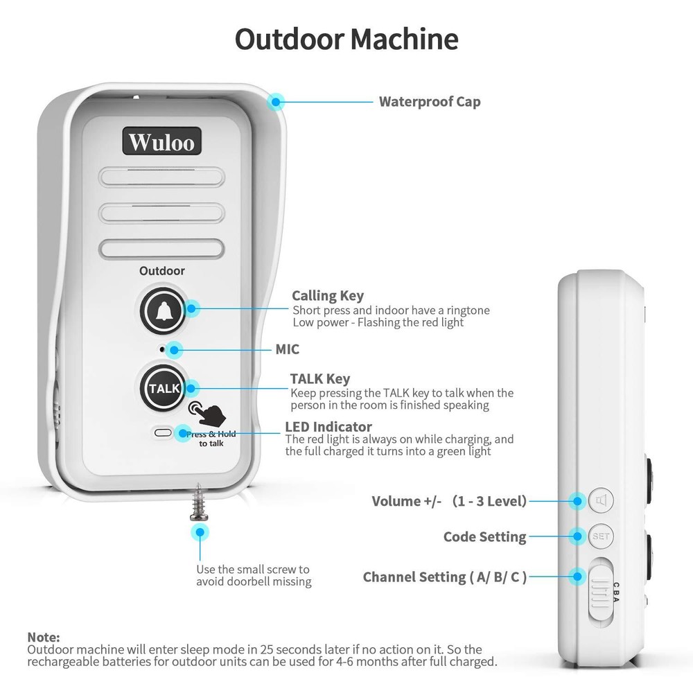 1/2 Mile Long Range Wireless Doorbell Intercom System with Rechargeable Battery