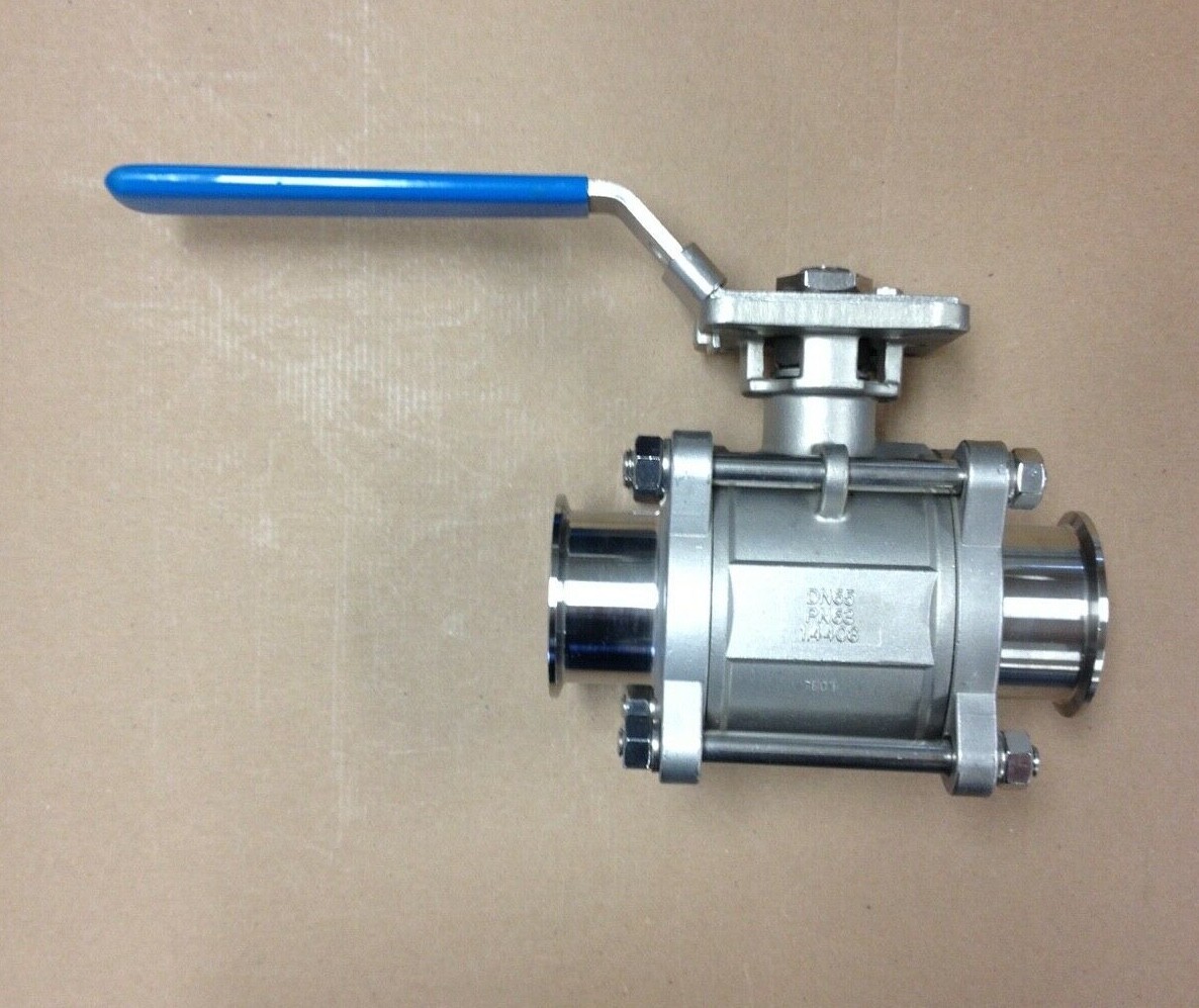 2-1/2" 3 Piece Full Port Ball Valve Clamp Ends 316 Stainless Sanitary WOG1000