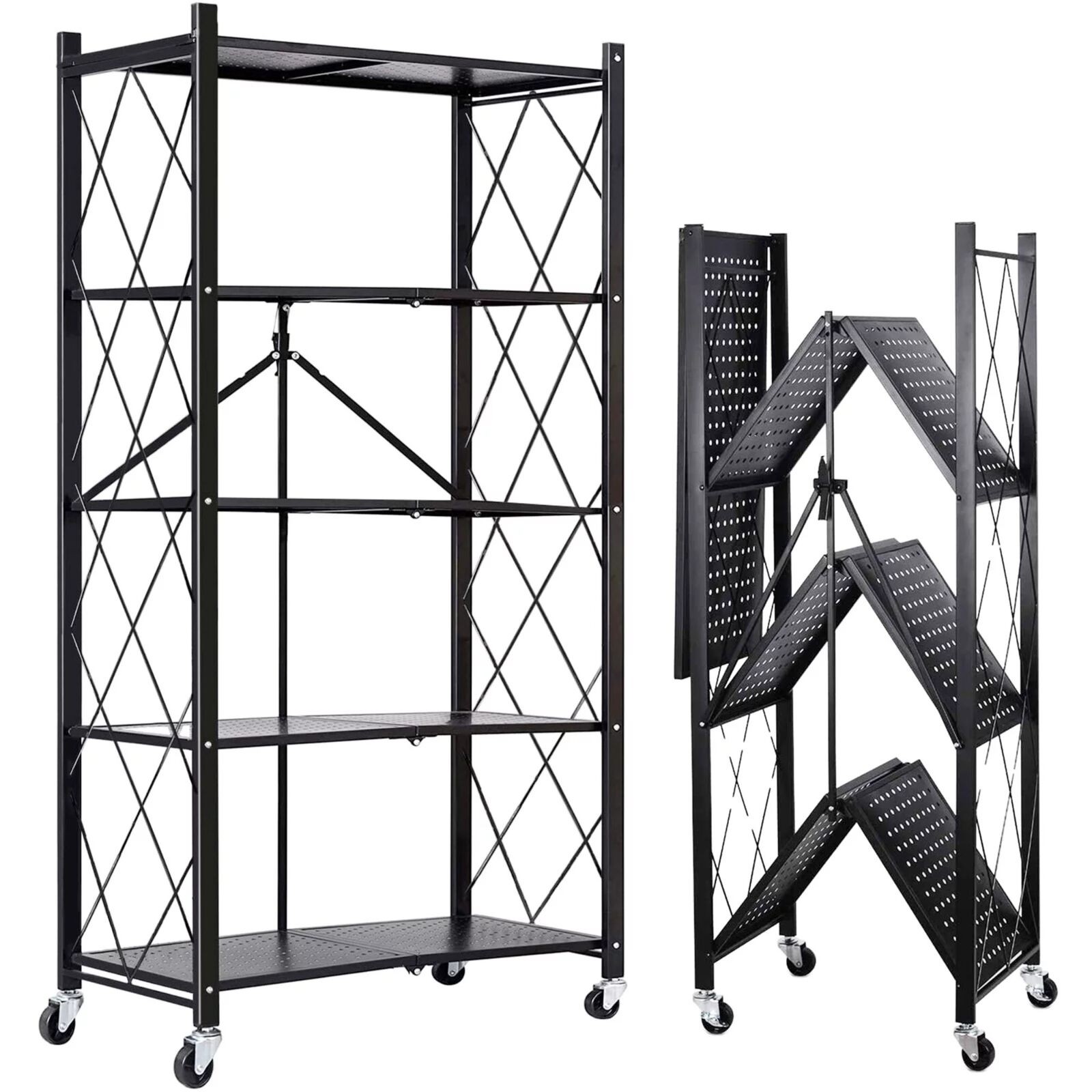 2x Foldable 5-Tier Storage Shelves w/ Wheels Heavy Duty Organizer Kitchen Garage