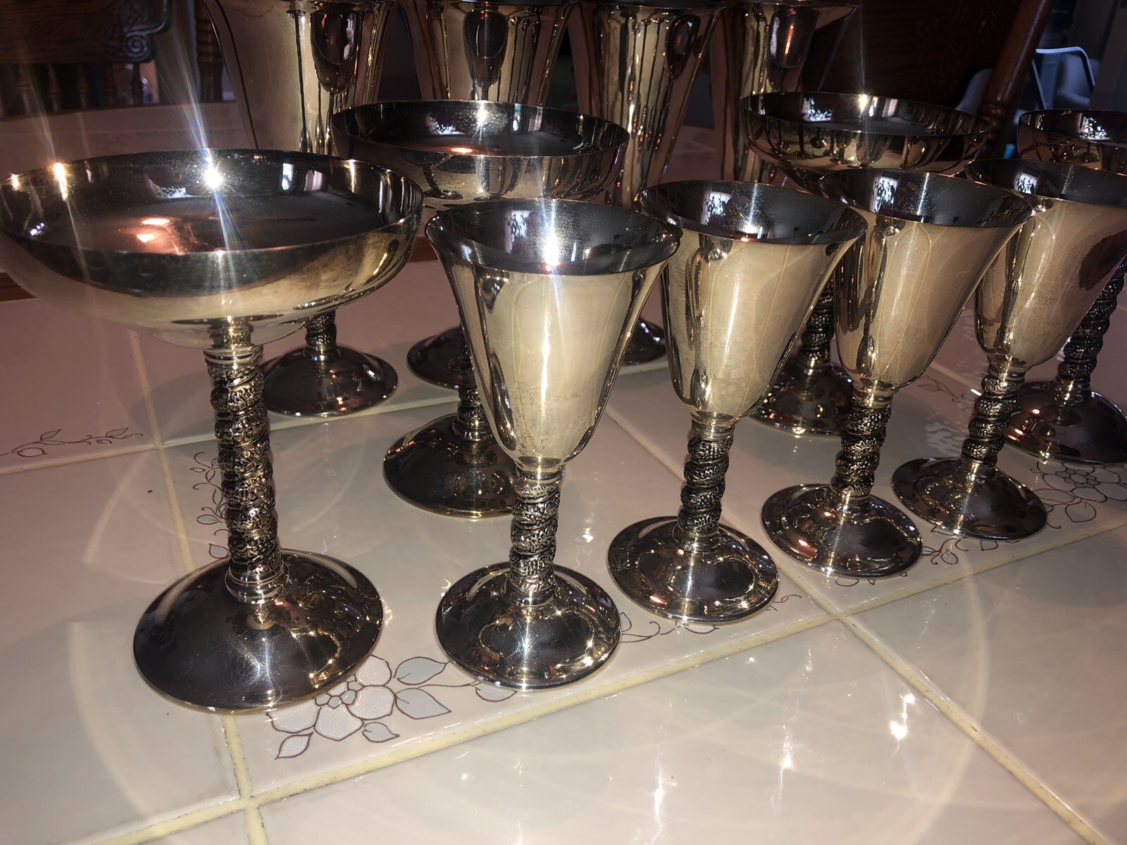 (12) Vintage Alfonso Lara Silverplate Wine Cups Goblets Spain Vine Twisted Stem