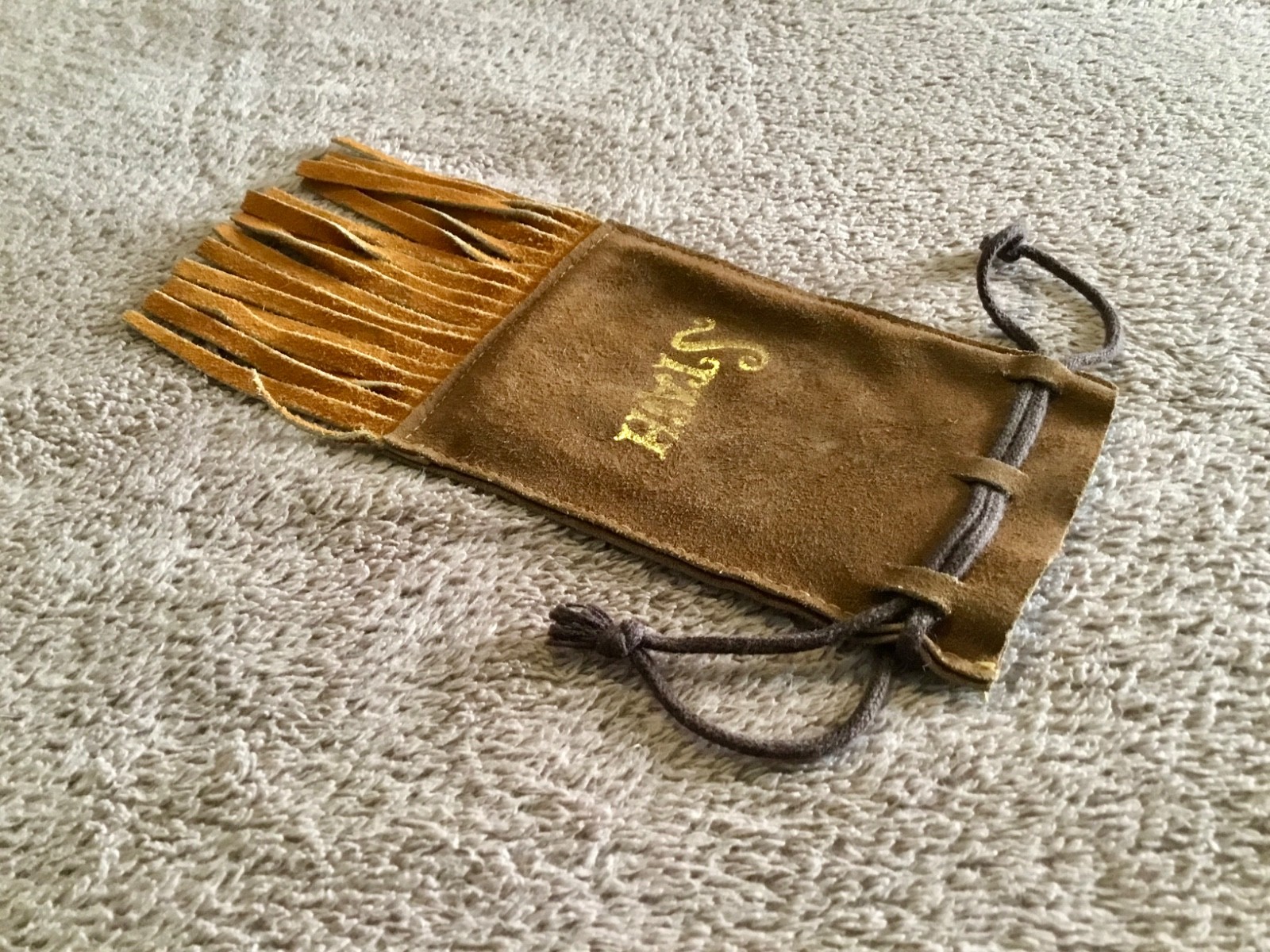 Vintage 1970's Brown Leather Drawstring Stash Pouch With Fringe