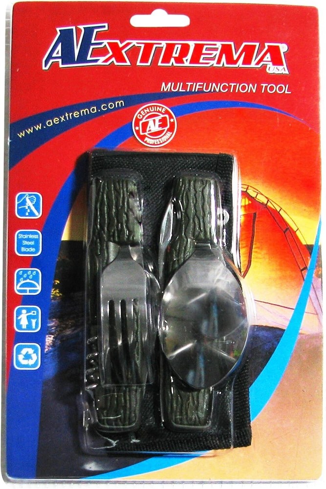 NEW AEXTREMA MULTIFUNCTION TOOL TWO IN ONE CUTLERY SET FORK SPOON CAMPING