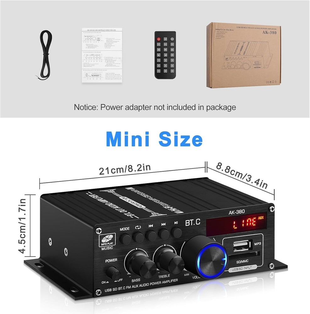 Powerful 2.0 CH AK-380 Bluetooth Amplifier with USB, AUX & Remote Control