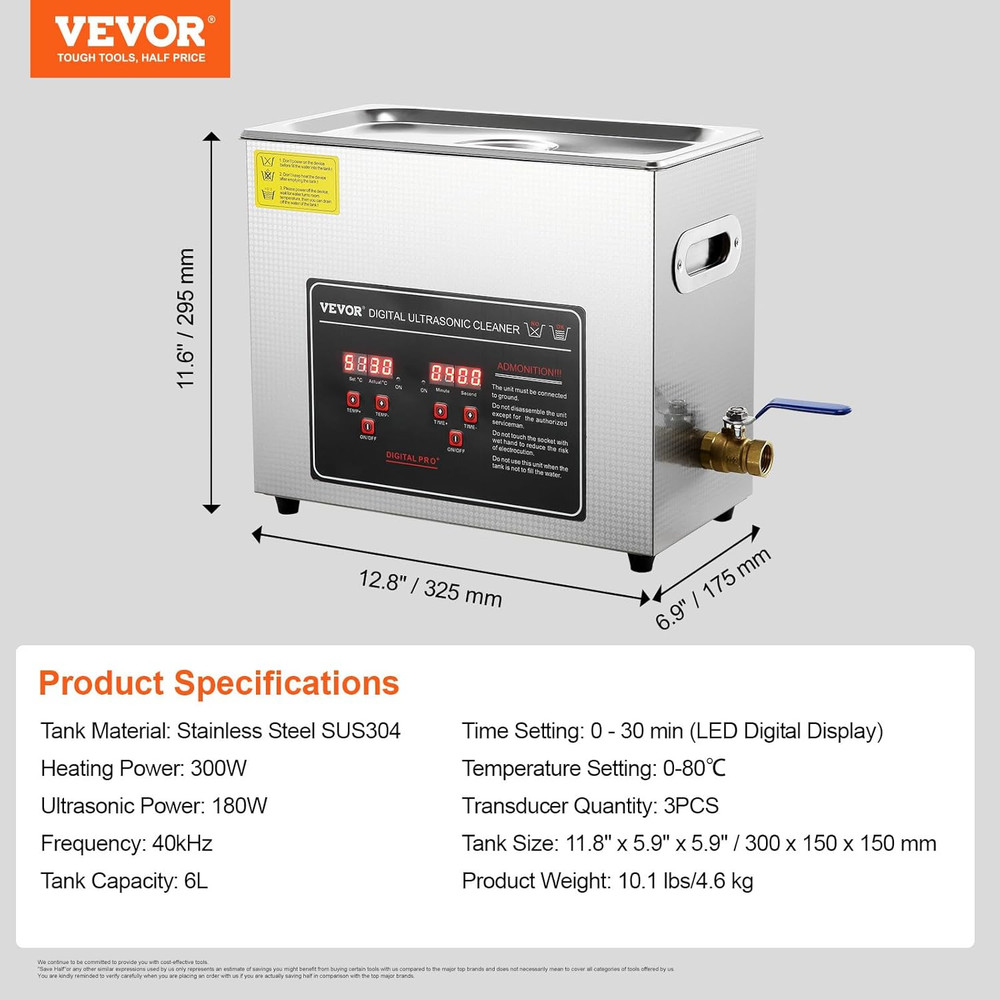 Ultrasonic Cleaning Machine with Digital Timer & Heater Professional 6L