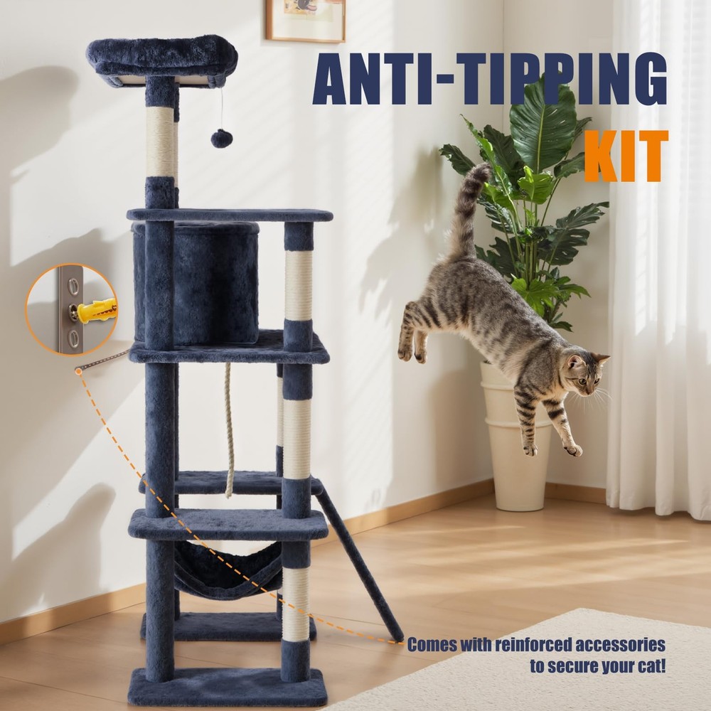 Large 63in Cat Tree Tower, Multi Level Cat Climbing Tower with Condo, Natural...