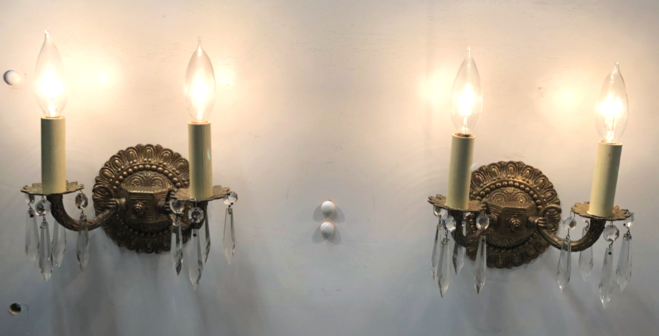 Vtg Wall Sconce Pair Brass Light Fixture French Art Glass Prism Spain MCM #L10