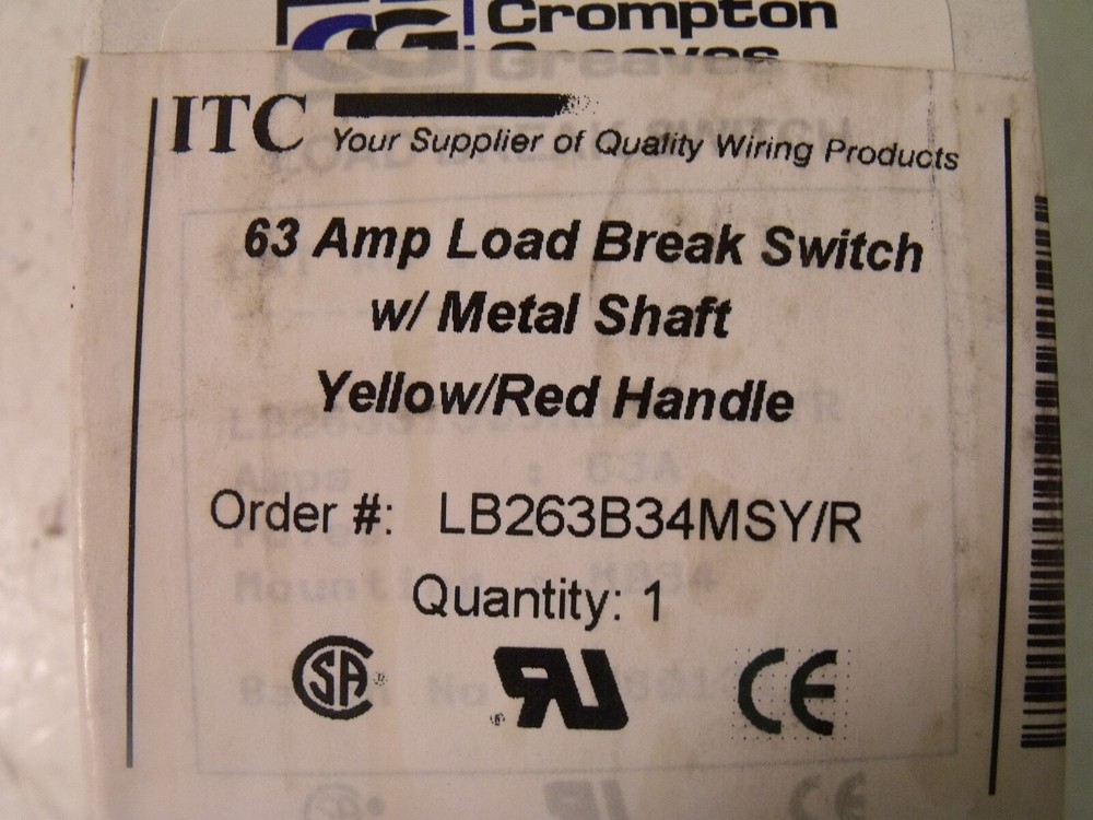 NIB ITC Compton Greaves LB263B34MSY/R 63A Panel Mount Load Break Switch