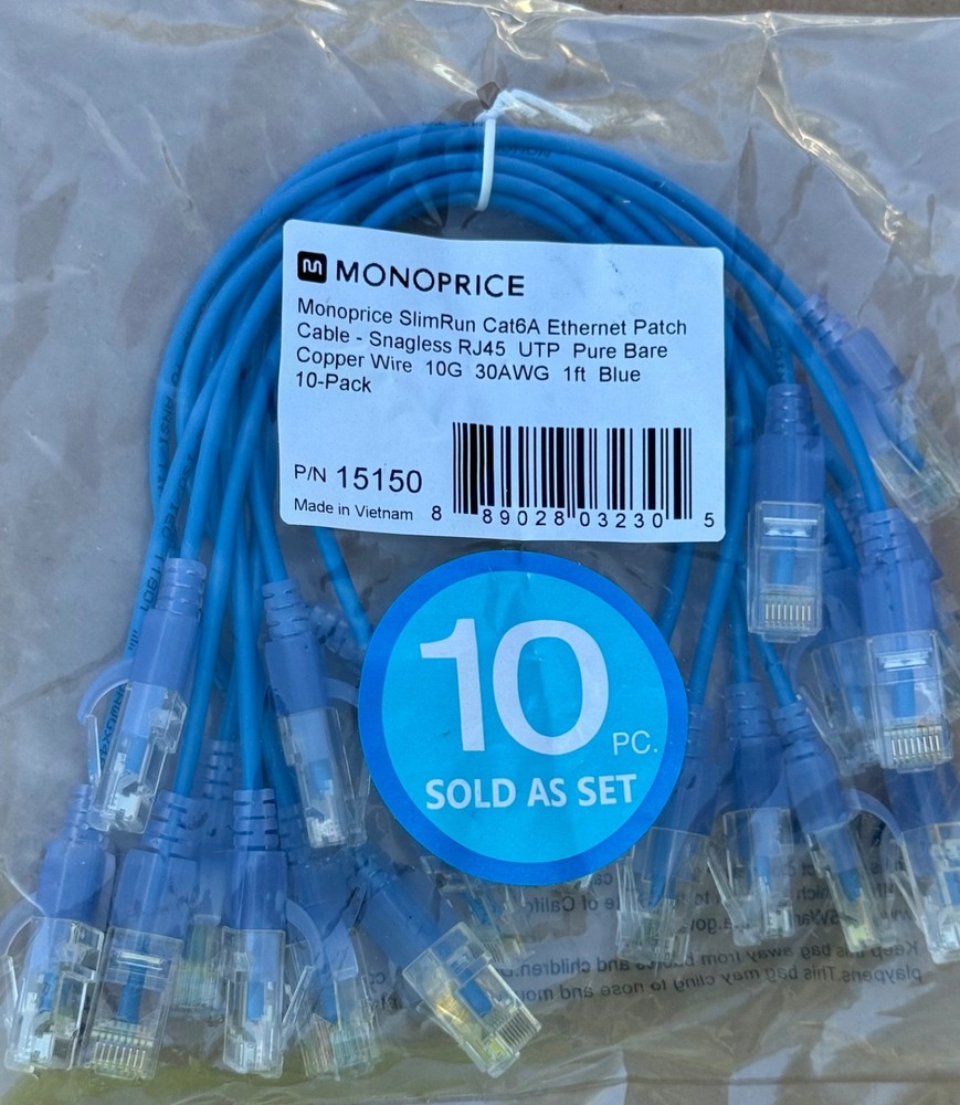 MONOPRICE  Cat6A, 10G SlimRun 10 PIECES, 1FT ETHERNET PATCH CABLE .