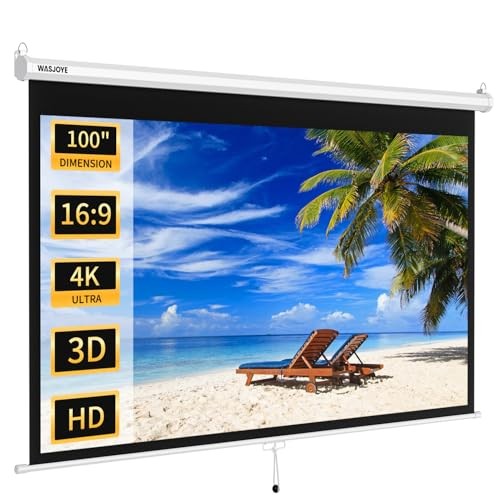 100'' Manual Pull Down Projector Screen, 4K HD Retractable Projection 100 Inch