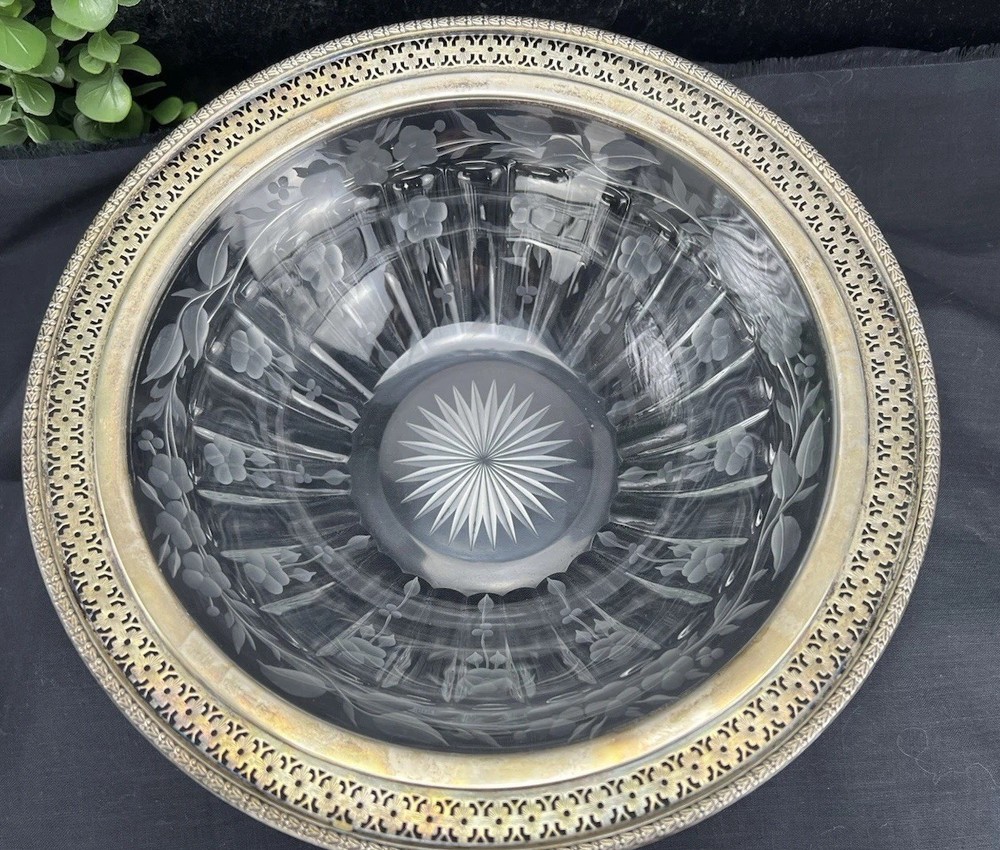 Etched Crystal And Sterling Silver Bowl