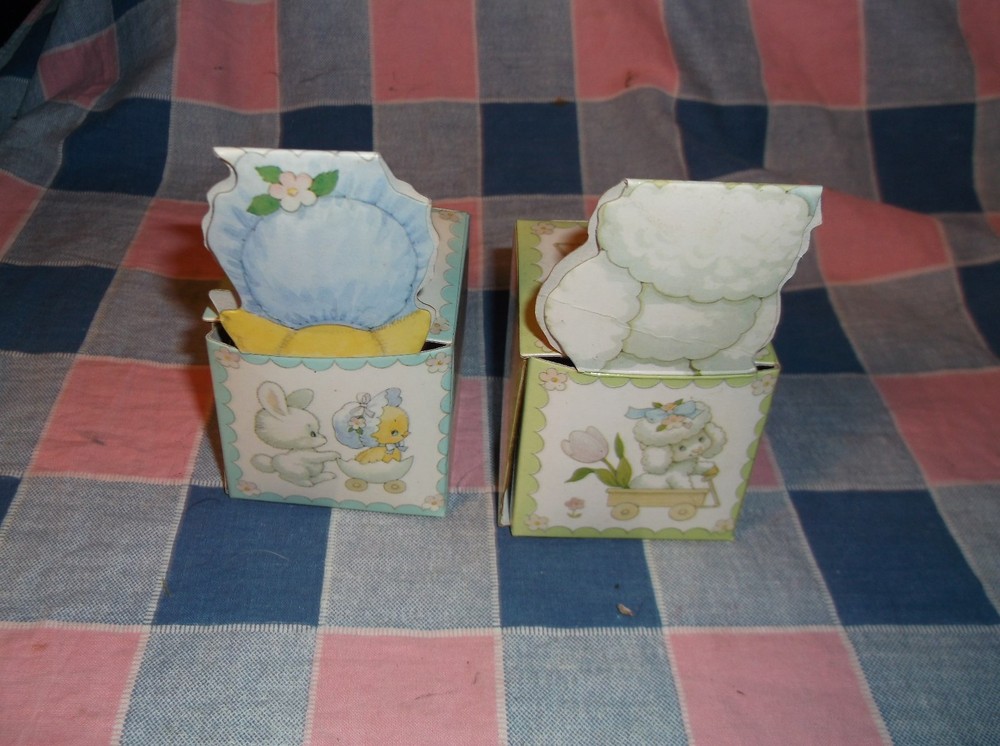 Two Enesco Easter Parade Folded Box Empty 3 7/8" High at Back Fun Graphics
