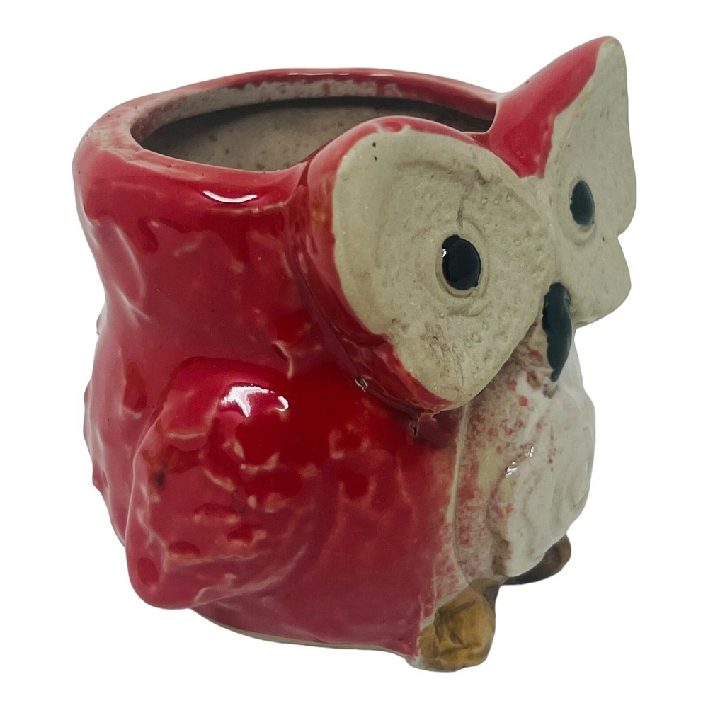 Ceramic Owl Planter Votive Holder Red 3”